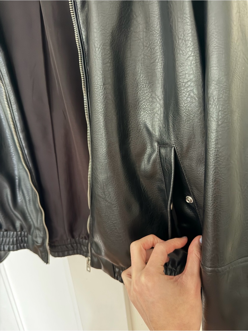 ZARA Black Faux Leather Zip Jacket with Elastic Hem - Picture 6 of 8